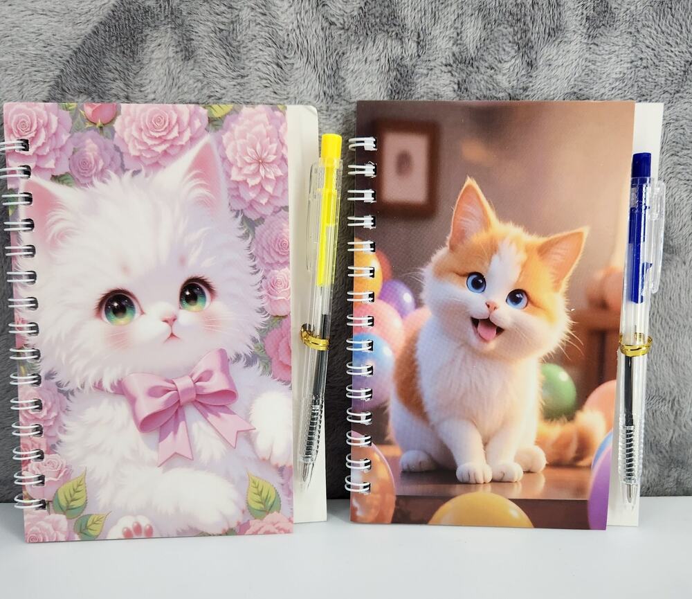 2 Spiral Pocket Notebook/Pen sets Kitty Designs 4x5.5" Small Journal or Diary